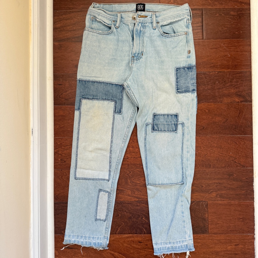 BDG Men's Light Blue and Dark Blue Patchwork Jeans